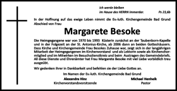 Traueranzeige von Margarete Besoke von Harz Kurier