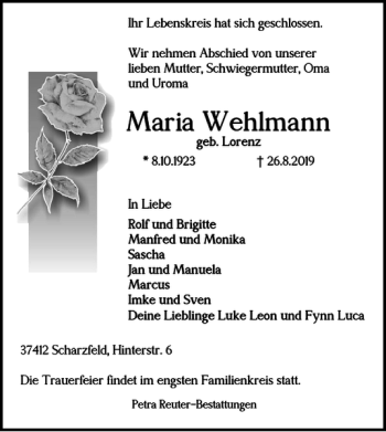 Traueranzeige von Maria Wehlmann von Harz Kurier