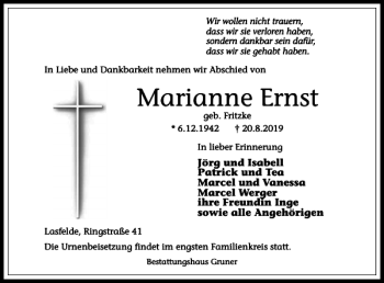 Traueranzeige von Marianne Ernst von Harz Kurier
