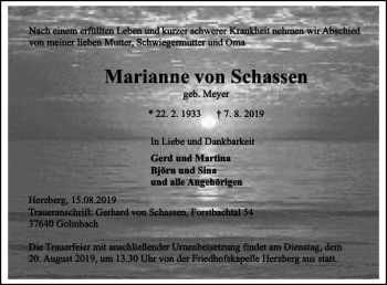 Traueranzeige von Marianne von Schassen von Harz Kurier