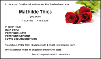 Traueranzeige von Mathilde Thies von Harz Kurier