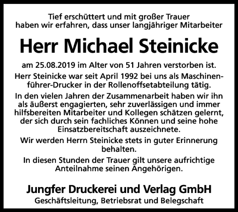  Traueranzeige für Michael Steinicke vom 30.08.2019 aus Harz Kurier