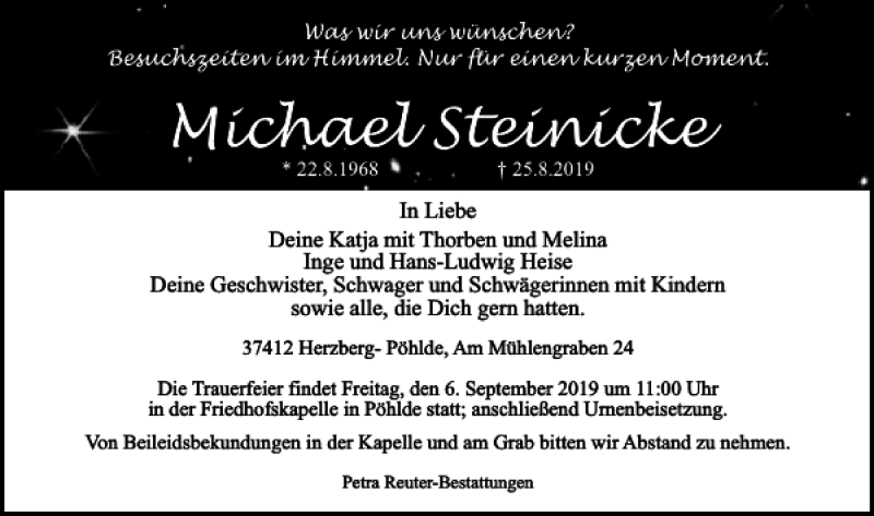 Traueranzeige für Michael Steinicke vom 28.08.2019 aus Harz Kurier