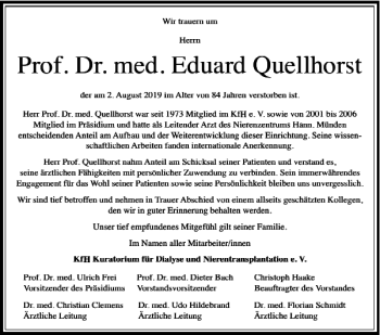 Traueranzeige von Prof. Dr. med. Eduard Quellhorst von Harz Kurier