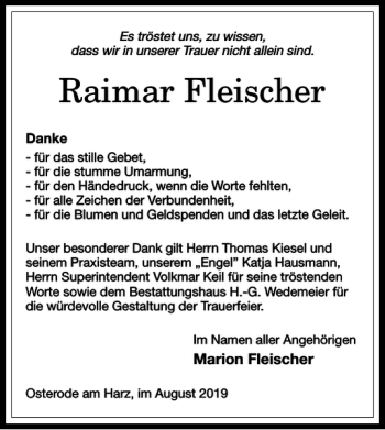 Traueranzeige von Raimar Fleischer von Harz Kurier