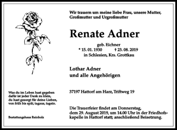Traueranzeige von Renate Adner von Harz Kurier