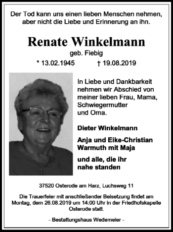 Traueranzeige von Renate Winkelmann von Harz Kurier