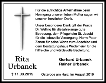 Traueranzeige von Rita Urbanek von Harz Kurier