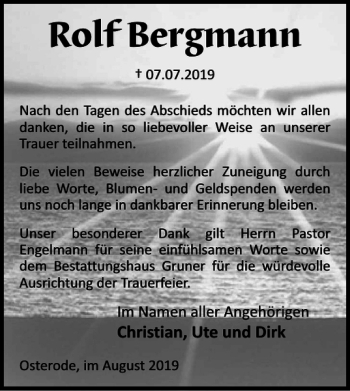 Traueranzeige von Rolf Bergmann von Harz Kurier