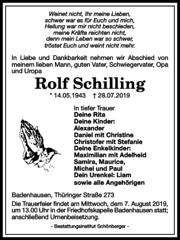 Traueranzeige von Rolf Schilling von Harz Kurier