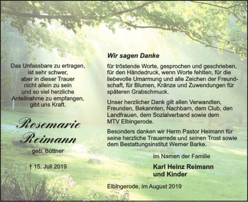  Traueranzeige für Rosemarie Reimann vom 24.08.2019 aus Harz Kurier