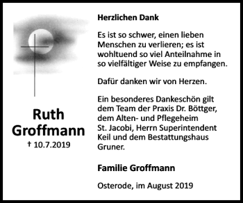 Traueranzeige von Ruth Groffmann von Harz Kurier