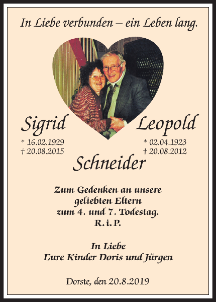  Traueranzeige für Schneider Leopold Sigrid vom 20.08.2019 aus Harz Kurier