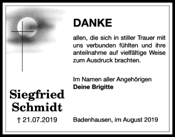 Traueranzeige von Siegfried Schmidt von Harz Kurier