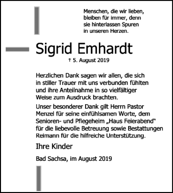 Traueranzeige von Sigrid Emhardt von Harz Kurier