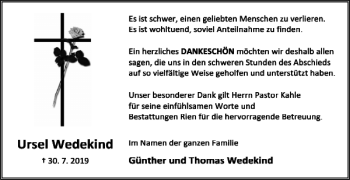 Traueranzeige von Ursel Wedekind von Harz Kurier