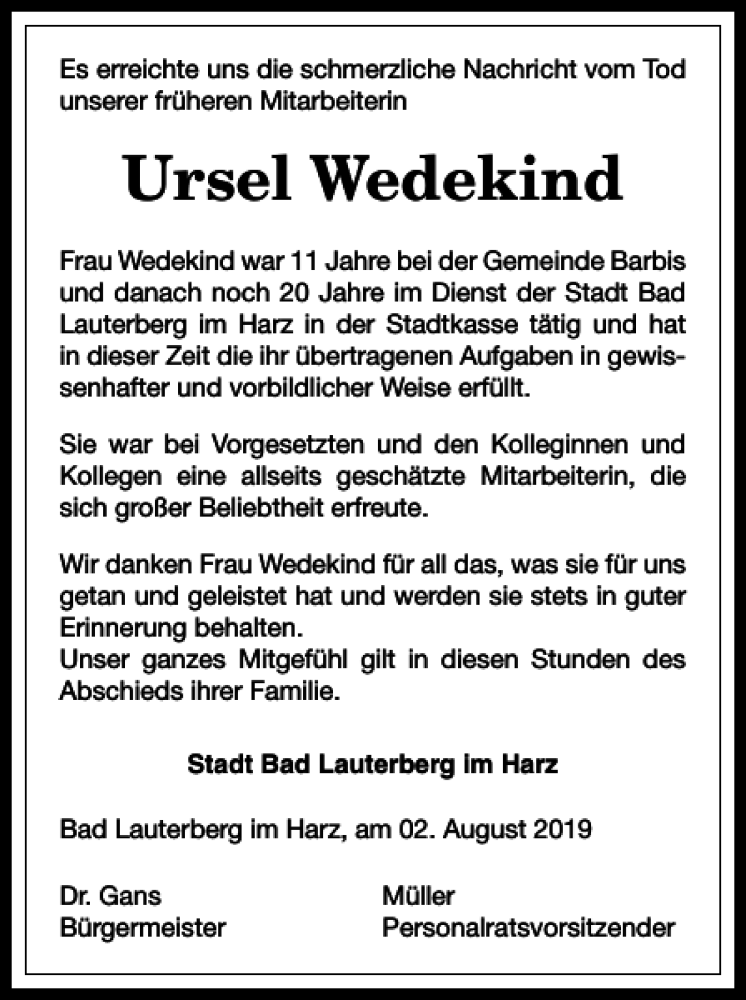  Traueranzeige für Ursel Wedekind vom 07.08.2019 aus Harz Kurier