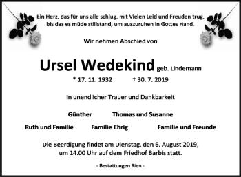 Traueranzeige von Ursel Wedekind von Harz Kurier