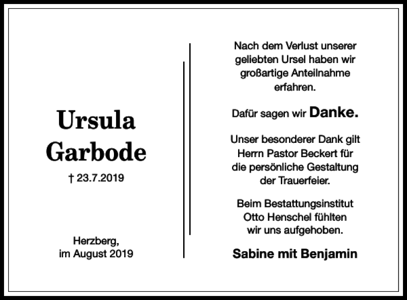 Traueranzeige für Ursula Garbode vom 03.08.2019 aus Harz Kurier