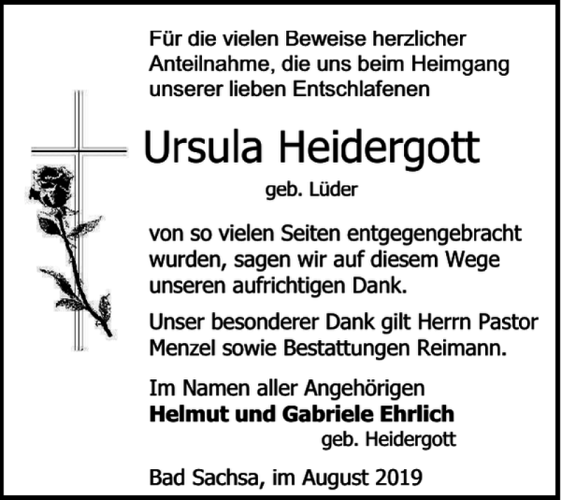  Traueranzeige für Ursula Heidergott vom 31.08.2019 aus Harz Kurier
