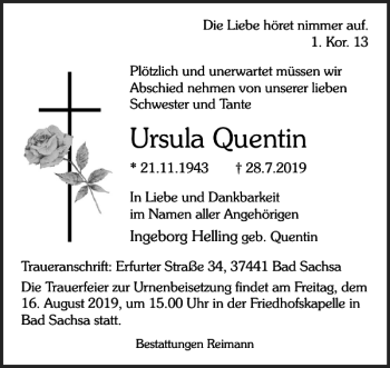Traueranzeige von Ursula Quentin von Harz Kurier