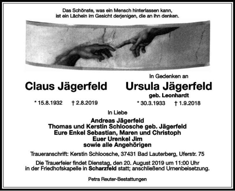 Traueranzeige für Ursula Jägerfeld Claus Jägerfeld vom 09.08.2019 aus Harz Kurier