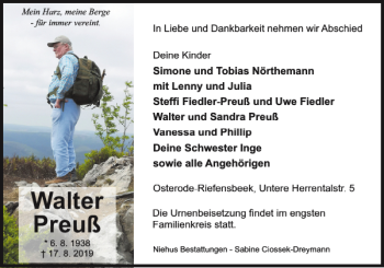 Traueranzeige von Walter Preuß von Harz Kurier