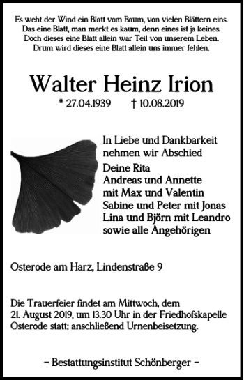 Traueranzeige von Walter Heinz Irion von Harz Kurier