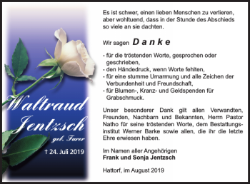 Traueranzeige von Waltraud Jentzsch von Harz Kurier