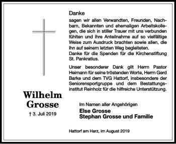 Traueranzeige von Wilhelm Grosse von Harz Kurier