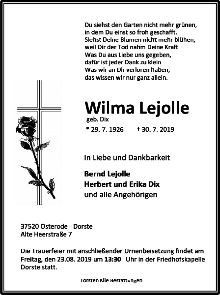  Traueranzeige für Wilma Lejolle vom 17.08.2019 aus Harz Kurier