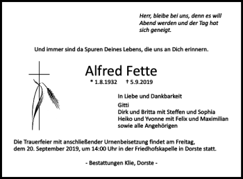Traueranzeige von Alfred Fette von Harz Kurier