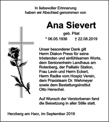 Traueranzeige von Ana Sievert von Harz Kurier