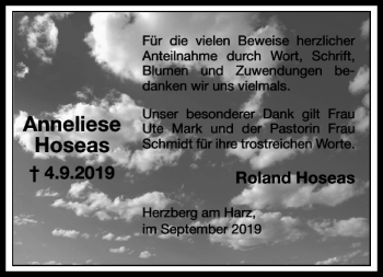 Traueranzeige von Anneliese Hoseas von Harz Kurier