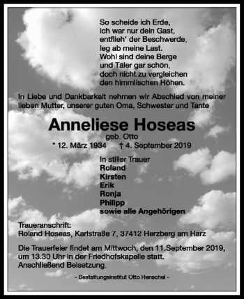 Traueranzeige von Anneliese Hoseas von Harz Kurier
