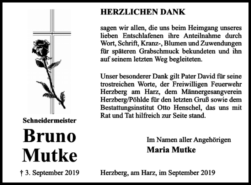  Traueranzeige für Bruno Mutke vom 21.09.2019 aus Harz Kurier