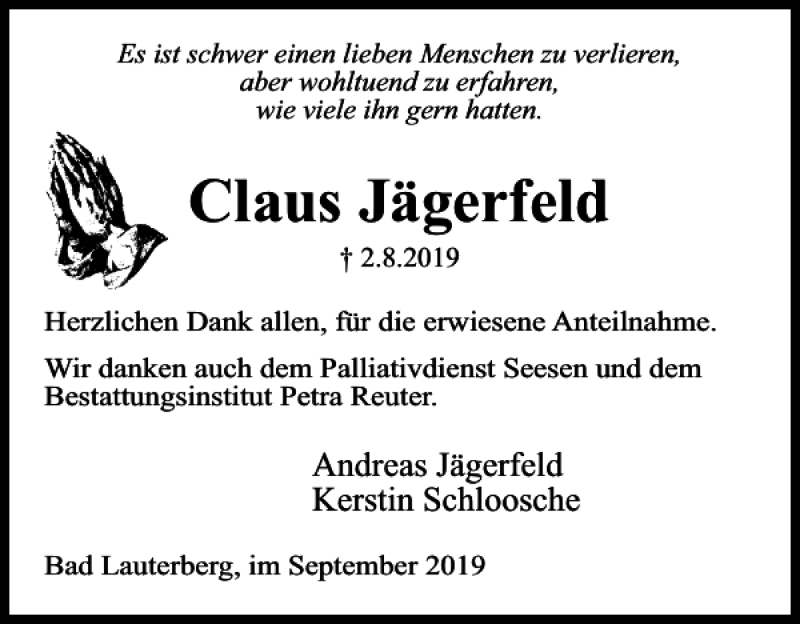  Traueranzeige für Claus Jägerfeld vom 07.09.2019 aus Harz Kurier