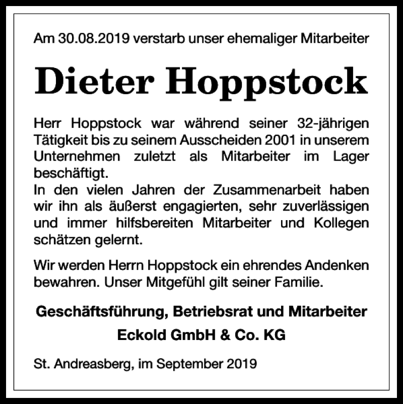  Traueranzeige für Dieter Hoppstock vom 07.09.2019 aus Harz Kurier