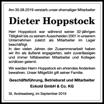 Traueranzeige von Dieter Hoppstock von Harz Kurier