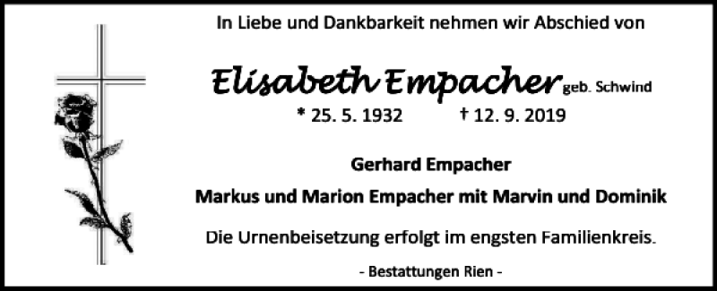 Traueranzeige für Elisabeth Empacher Elisabeth Empacher vom 18.09.2019 aus Harz Kurier