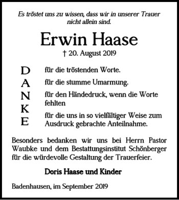 Traueranzeige von Erwin Haase von Harz Kurier