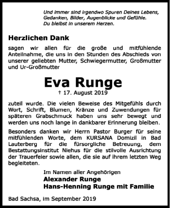 Traueranzeige von Eva Runge von Harz Kurier