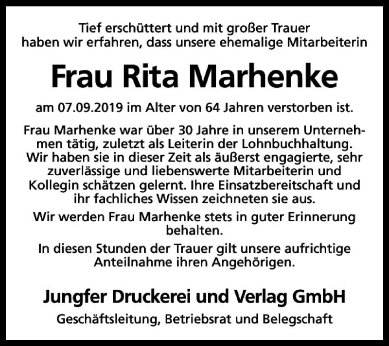  Traueranzeige für Frau Rita Marhenke vom 13.09.2019 aus Harz Kurier