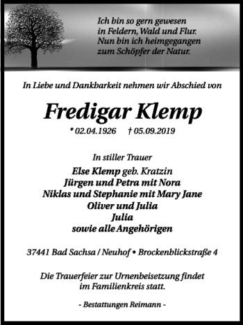 Traueranzeige von Fredigar Klemp von Harz Kurier