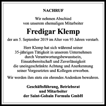 Traueranzeige von Fredigar Klemp von Harz Kurier
