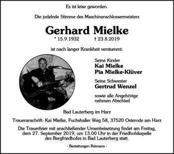 Traueranzeige von Gerhard Mielke von Harz Kurier