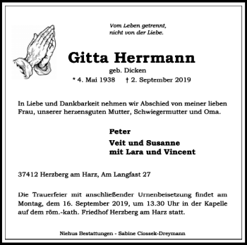 Traueranzeige von Gitta Herrmann von Harz Kurier