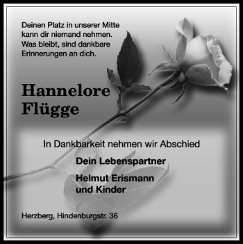Traueranzeige von Hannelore Flügge von Harz Kurier