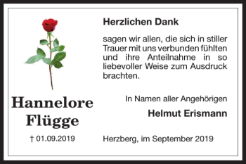 Traueranzeige von Hannelore Flügge von Harz Kurier