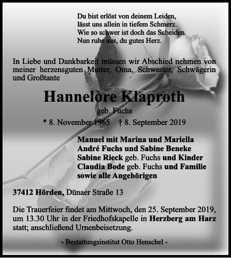  Traueranzeige für Hannelore Klaproth vom 21.09.2019 aus Harz Kurier